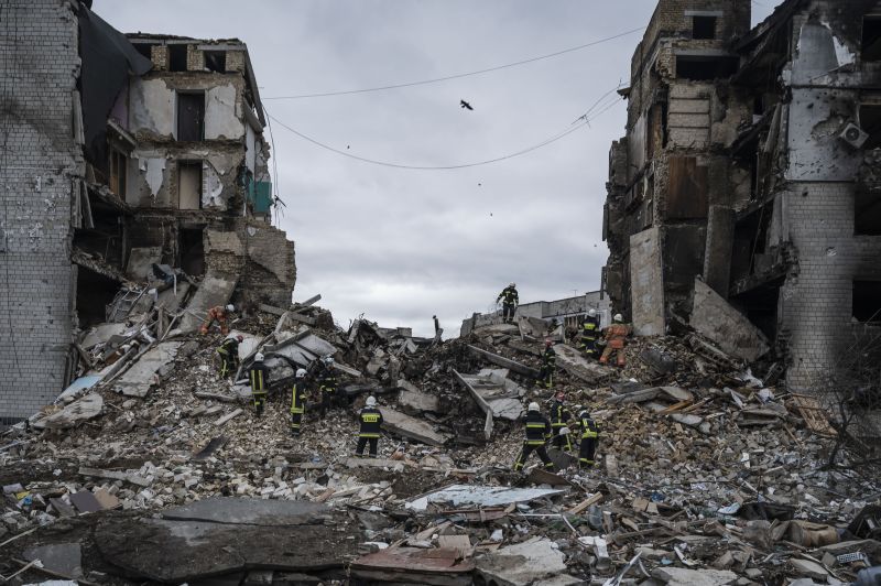 April 6, 2022, Borodyanka, Kyiv, Ukraine: Firefighters seen while removing debris. The withdrawal of...