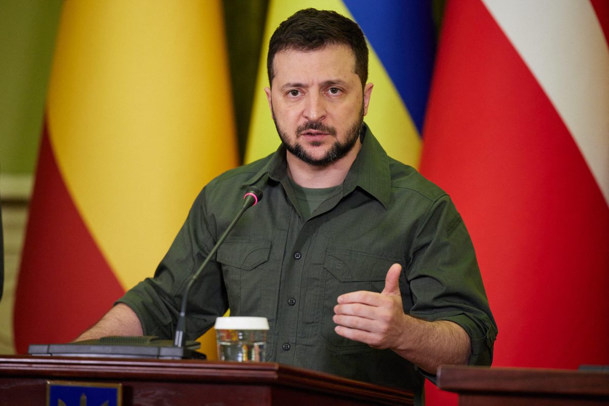 Handout photo made available by Ukrainian Presidency shows Ukrainian President Volodymyr Zelenskyy...