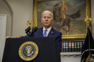 U.S. President Joe Biden speaks in the Roosevelt Room of the White House in Washington, D.C., U.S...