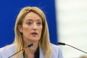 06 April 2022, France, Straßburg: Roberta Metsola, President of the European Parliament, sits in the...