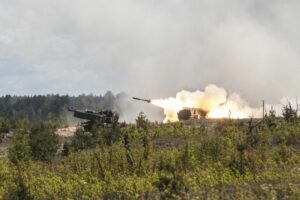 Handout file photo dated June 8, 2017 of U.S. Army soldiers fire a high mobility artillery rocket...