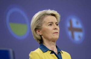 European Commission President Ursula von der Leyen during a news conference about the possible...