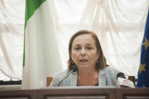 Minister Lamorgese seen during the press conference. The Minister of the Interior, Luciana...