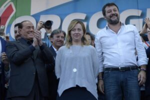 Silvio Berlusconi (L), Giorgia Meloni (C) and Matteo Salvini (R), leaders of the Forza Italia...