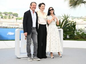 Il regista francese Coralie Fargeat, l'attore americano Dennis Quaid e l'attrice Demi Moore hanno...