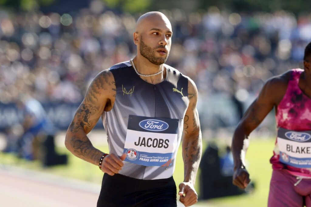 Lamonte Marcell Jacobs, atleta italiano, ha reagito dopo le batterie dei 100 metri maschili ai...