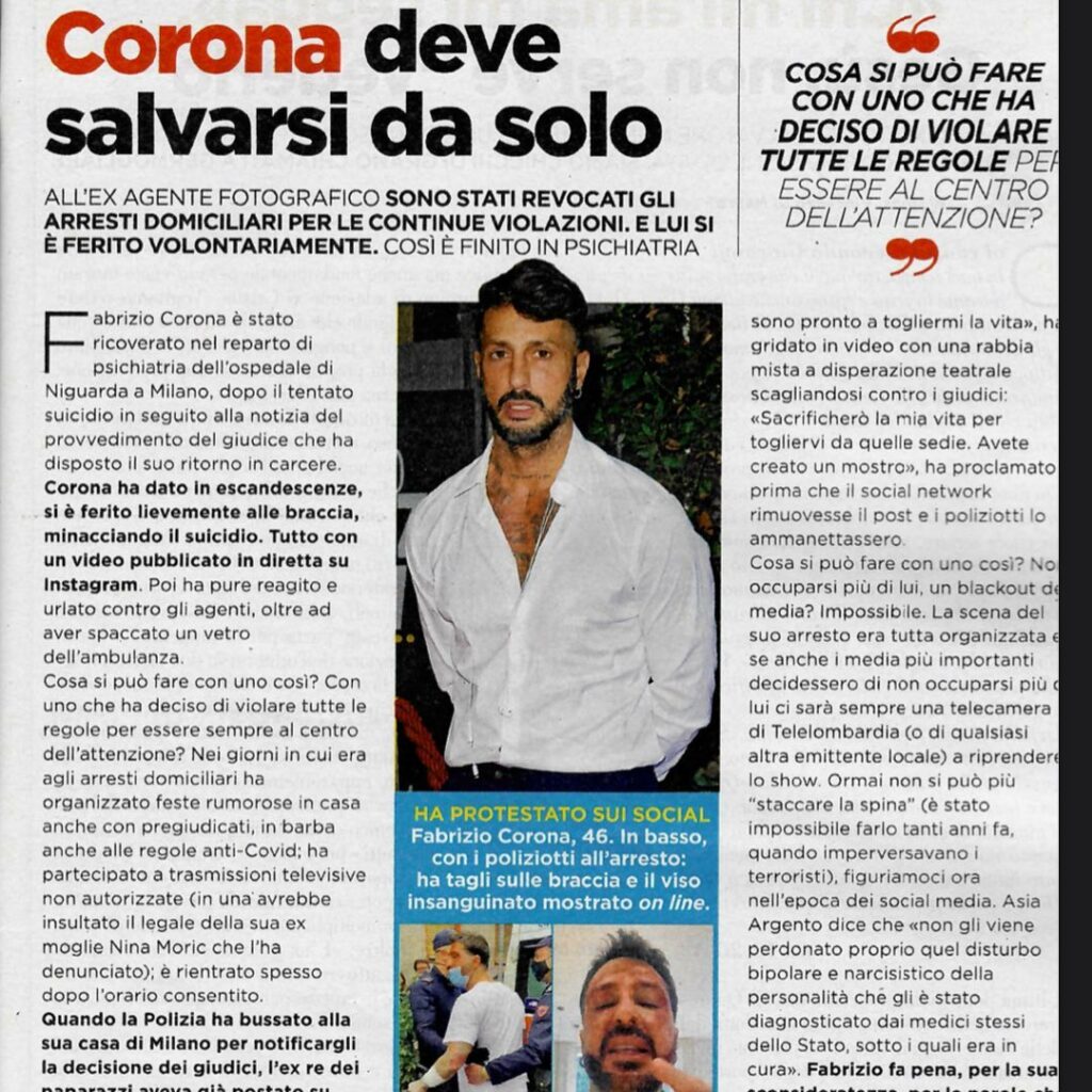 Fabrizio Corona, Comunicato.  Leggo l’articolo di Aldo Grasso e rimango esterrefatto considerata … su Instagram incanta i suoi fan