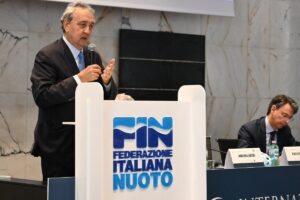 Durante la conferenza stampa per la presentazione del 60° Settecolli International Swimming a Roma...