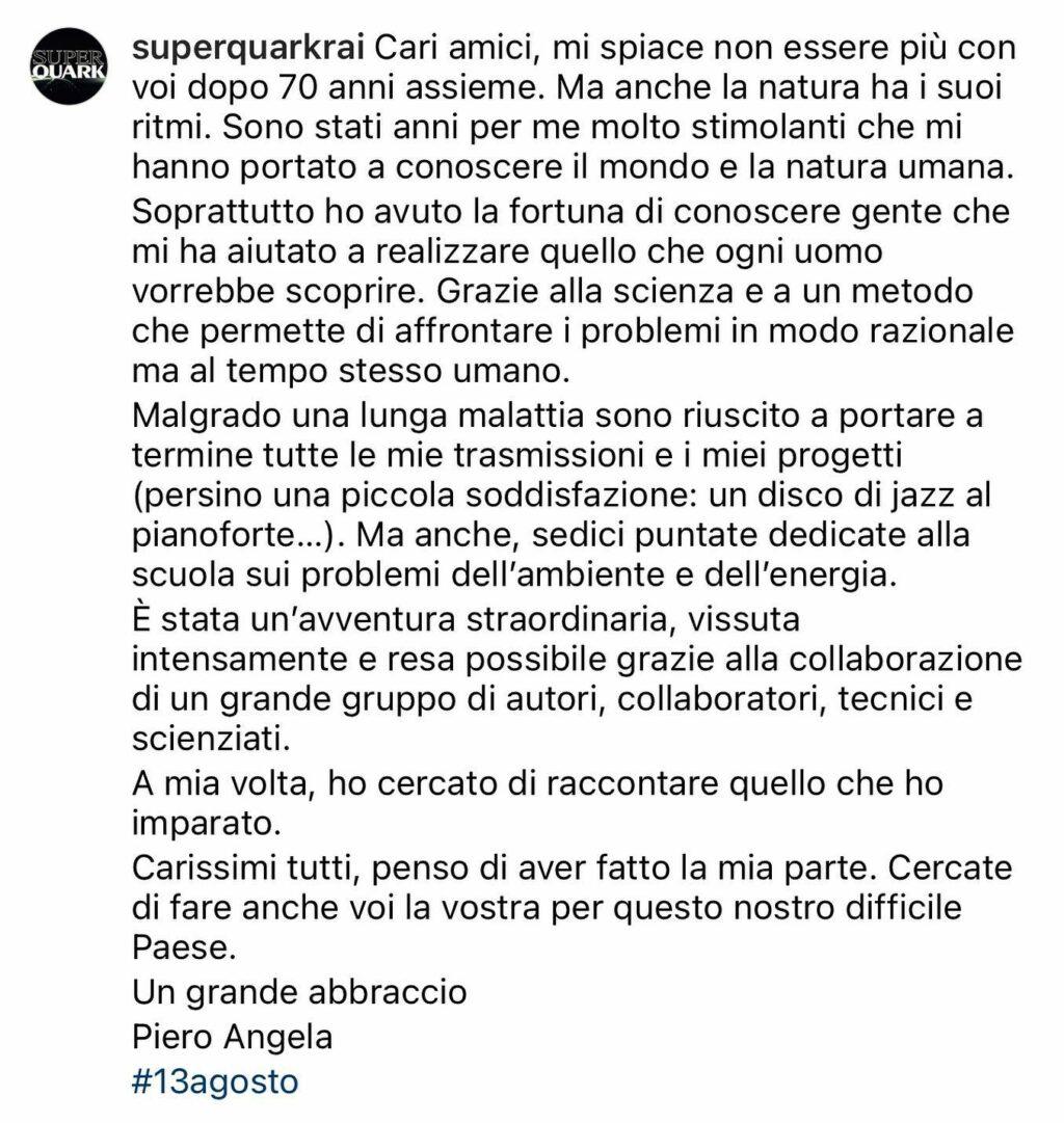 Selvaggia Lucarelli, Piero Angela se ne è andato dicendoci la cosa più bella e giusta che potesse dir… su Instagram per i suoi fan