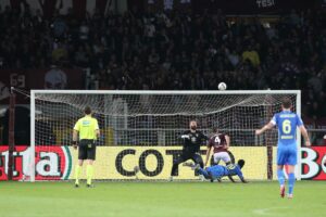 Emmanuel Ekong del Empoli FC segna il gol decisivo nella partita di Coppa Italia contro il Torino FC...