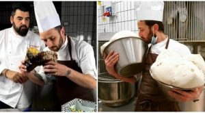 Il laboratorio di pasticceria di Antonino Cannavacciulo a Suno, guidato dal pasticcere Kabir Godi...