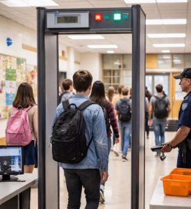 Controlli a scuola: metal detector gestiti da personale scolastico per garantire sicurezza.