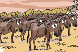Predatori della Grande Migrazione dei Gnu: passato e presente in un cartoon affascinante.