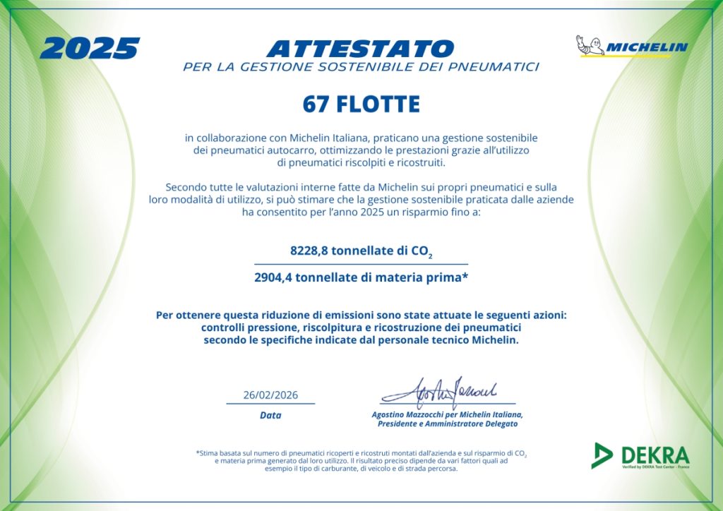 Michelin riconosce 67 flotte per l’eccellenza nella gestione sostenibile dei pneumatici.