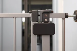 Proprietario mette cani dietro a un cancello per bambini e controlla la telecamera.