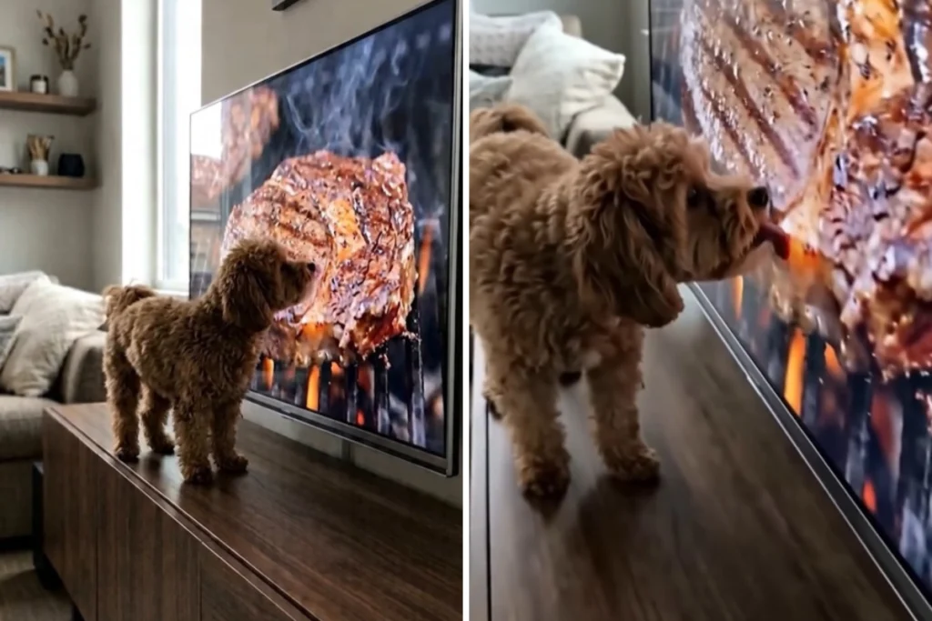 Maltipoo vede carne su TV: reazione sorprendente dell’originale proprietario!