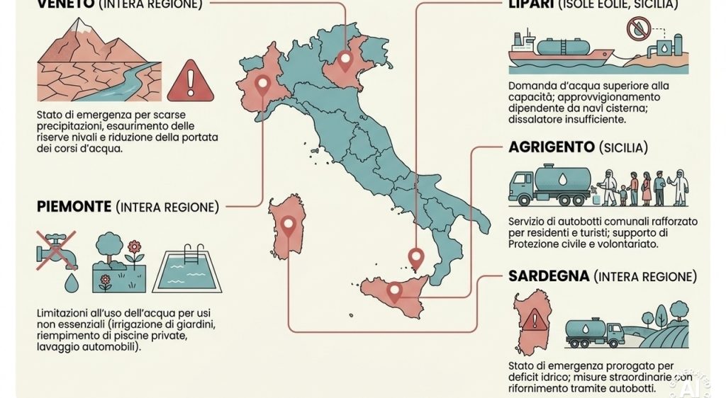 Crisi idrica allerta: Sicilia, Sardegna e Veneto soffrono senza acqua durante l’estate.