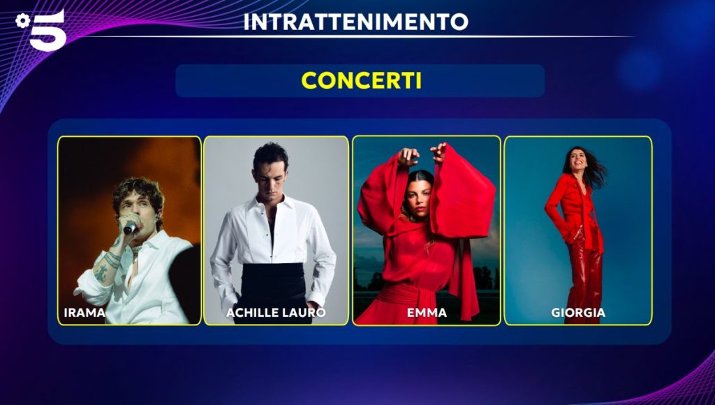 Concerti esclusivi Mediaset 2026-2027: Irama, Achille Lauro, Giorgia ed Emma su Canale 5