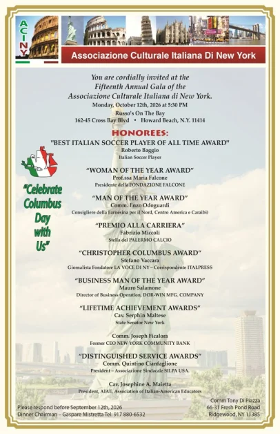 Il 12 ottobre il 15esimo Galà annuale dell’Associazione Culturale Italiana di New York