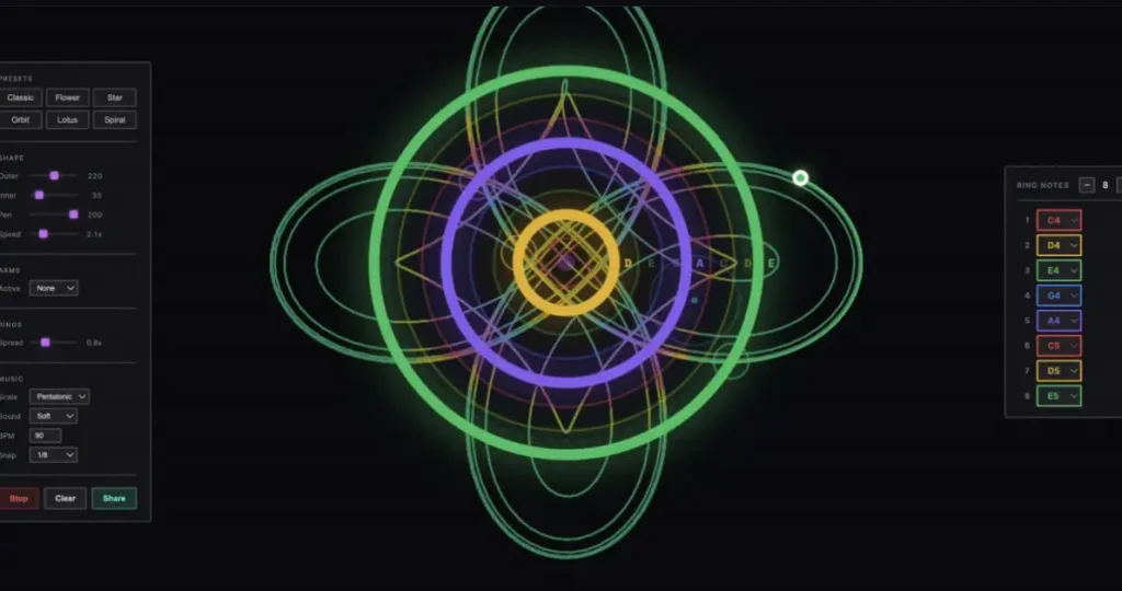 Crea composizioni musicali con Spirograph: Doodle generative nel tuo browser.