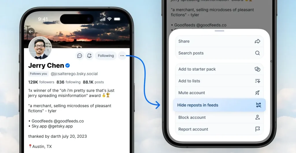Bluesky: ora puoi nascondere i repost di utenti fastidiosi che segui.