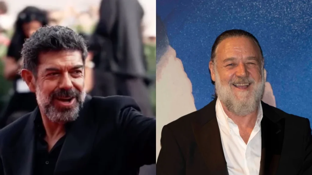Festival di Venezia 2026: red carpet maschile con Russell Crowe e Pierfrancesco Favino.