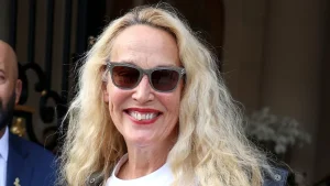 Jerry Hall’s leather coat and loafers: perfect fit for Traitors castle.