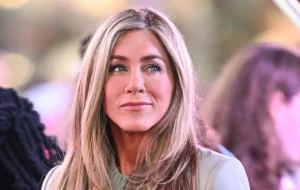 Jennifer Aniston’s stylish day-to-night autumn outfit: grey coat, knit, and heels for ultimate chicness.